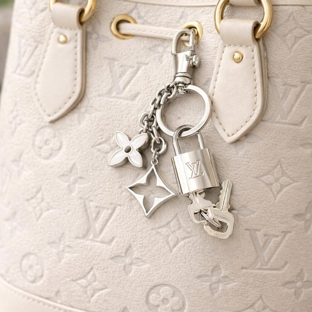 Authentic Louis Vuitton Silver Padlock & Key with Unbranded Metal Bag Keychain - Picture 2 of 9